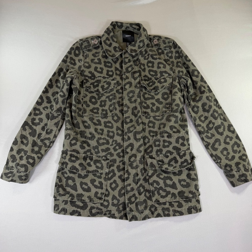 Leopard Print Womens Utility Jacket Olive Green Canvas M Military Safari Moto